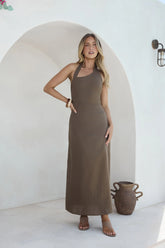 Scarlet Hues Halter Maxi Dress Chocolate